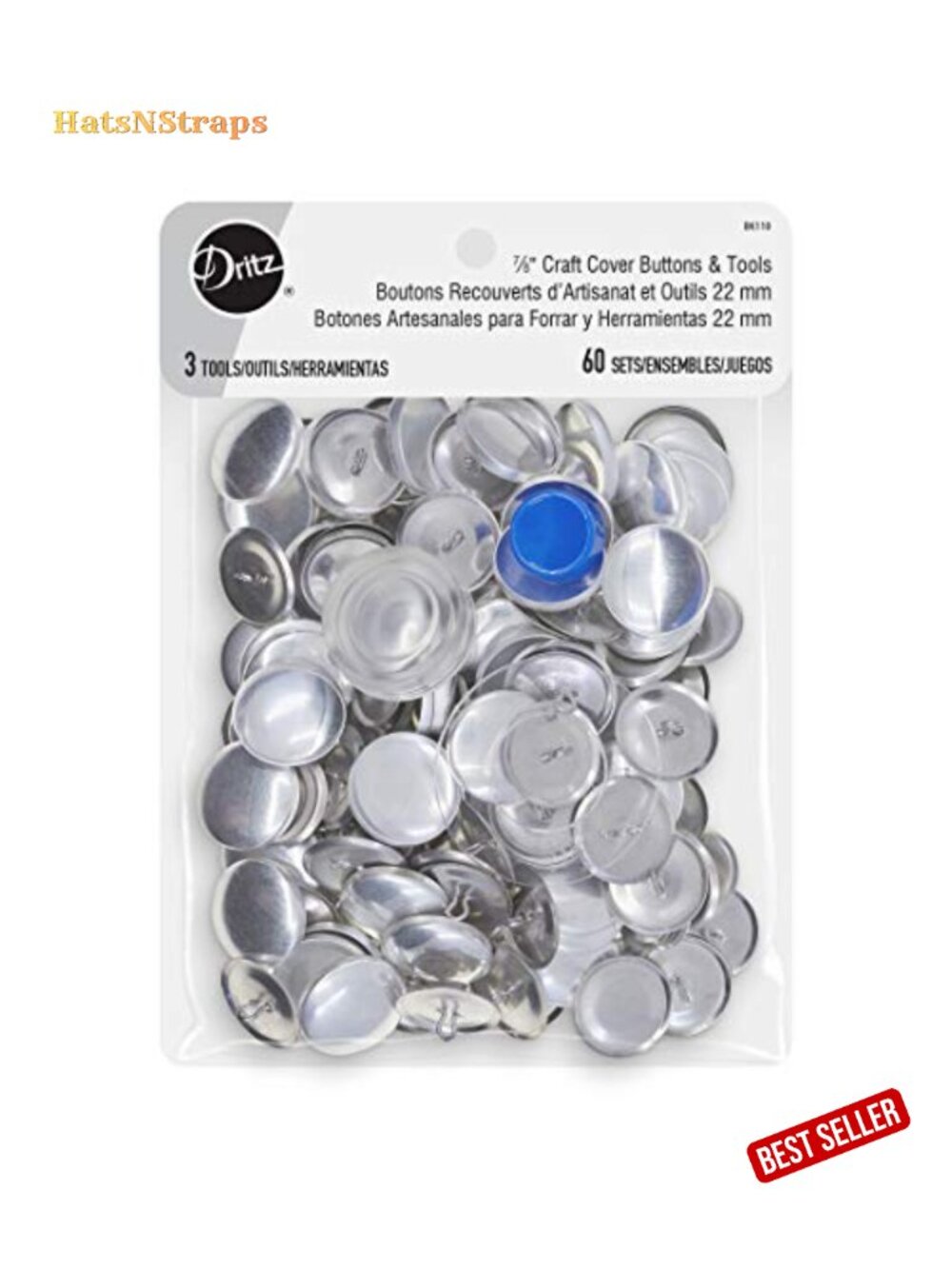 Dritz Cover Button Kit Size 36 Template Tools 60ct 7/8 Inch Nickel Metal